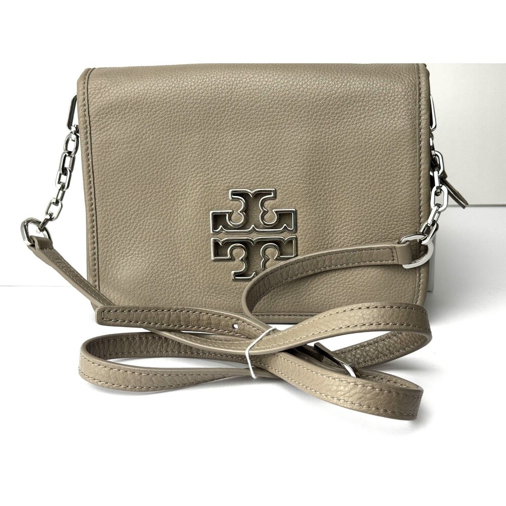 Tory Burch Britten French Grey Pebbled Leather Convertible Crossbody Bag - Picture 15 of 16